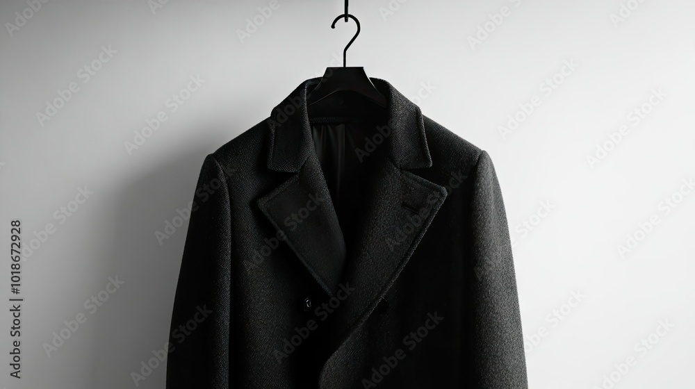A minimalist shot of a single coat on a hanger, placed against a white background, highlighting the clean lines and design of the garment. A minimalist shot of a single coat on a hanger, placed against a white background, highlighting the clean lines and design of the garment.