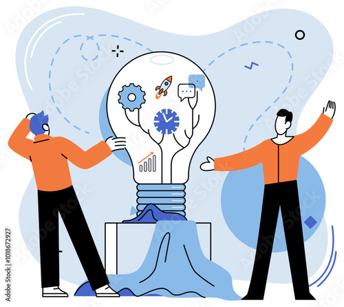 Team idea vector illustration. Invention and improvement drive teams creative process and contribute to success Creativity fuels companys innovative solutions and competitive advantage The team idea