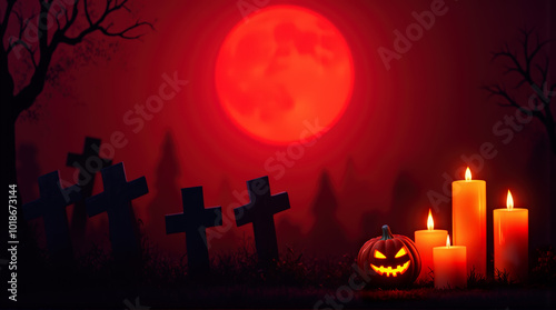 Halloween cemetery red blood moon silhouette tombstones with carved pumpkin lantern and candles in misty graveyard.