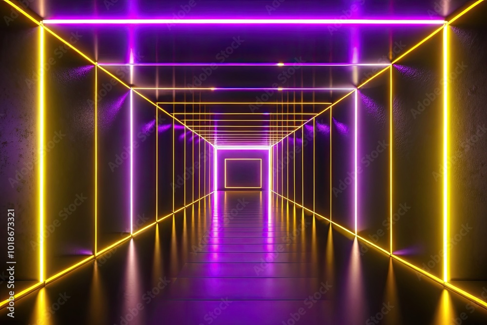 Neon-lit tunnel with vibrant purple and yellow lights. Neon-lit tunnel with vibrant purple and yellow lights.