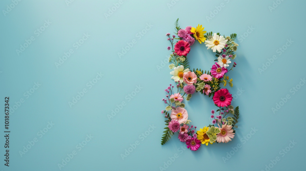 Number eight made of vibrant flowers on a pastel blue background Number eight made of vibrant flowers on a pastel blue background