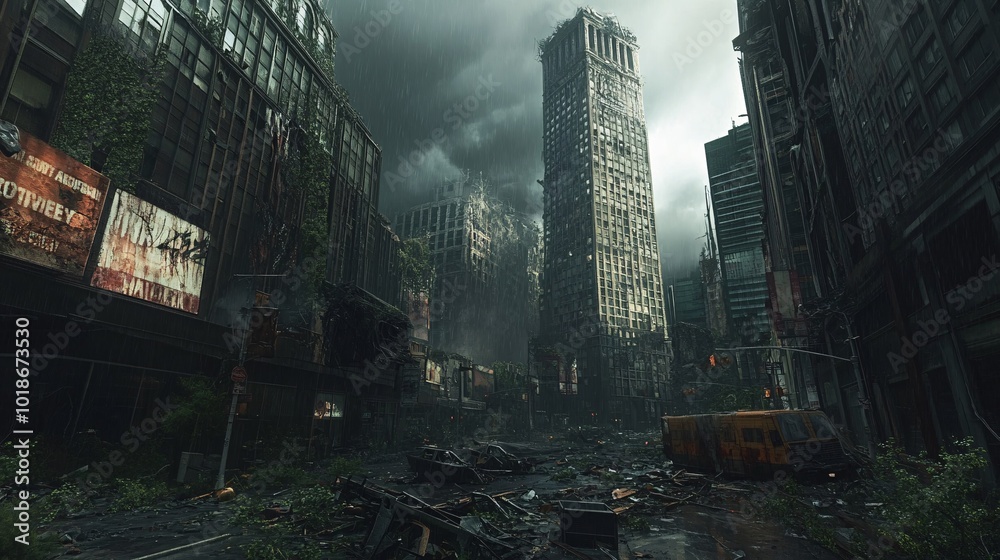 A haunting scene of a deserted city, with crumbling skyscrapers and overgrown vegetation under dark, stormy skies. A haunting scene of a deserted city, with crumbling skyscrapers and overgrown vegetation under dark, stormy skies.