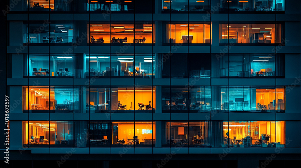 Illuminated office building at night showcasing vibrant colors of workspace activity Illuminated office building at night showcasing vibrant colors of workspace activity