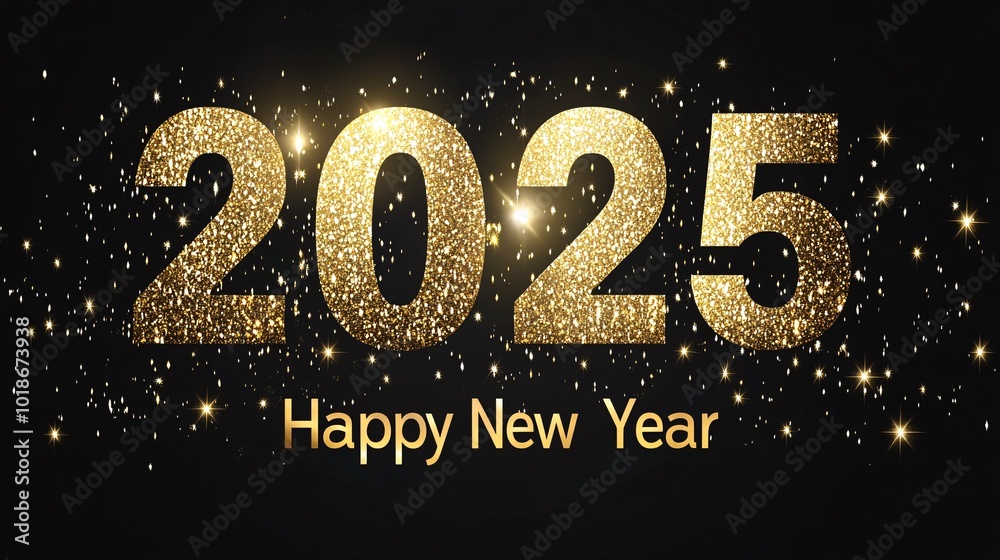 Festive New Year 2025 design with sparkling gold numbers and text on a black background, perfect for celebration graphics and party invitations. Festive New Year 2025 design with sparkling gold numbers and text on a black background, perfect for celebration graphics and party invitations.