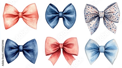 A set of six watercolor illustrations of bows in various colors and patterns.