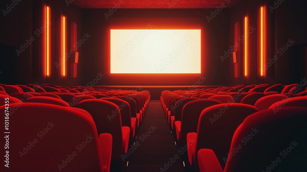 Fototapeta premium Empty cinema hall with red seating and illuminated screen, creating a dramatic and inviting atmosphere for movie enthusiasts.
