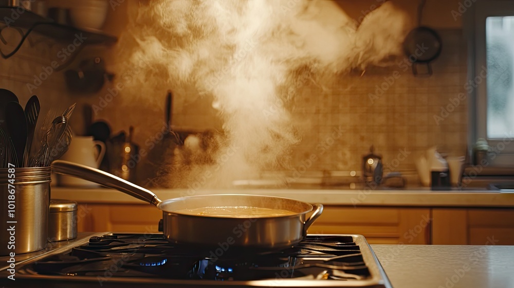 A pot of broth boiling on a stove, with rising steam fogging up the background, creating a warm, comforting kitchen scene. A pot of broth boiling on a stove, with rising steam fogging up the background, creating a warm, comforting kitchen scene.