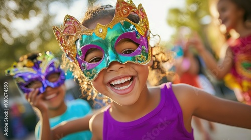 A playful shot of children wearing colorful Mardi Gras masks, giggling and running around at a festive gathering, capturing the joy and innocence of the celebration.