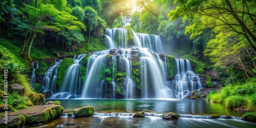 Majestic Cascading Waterfall in Lush, Serene Forest Scene Natural Beauty Tranquility