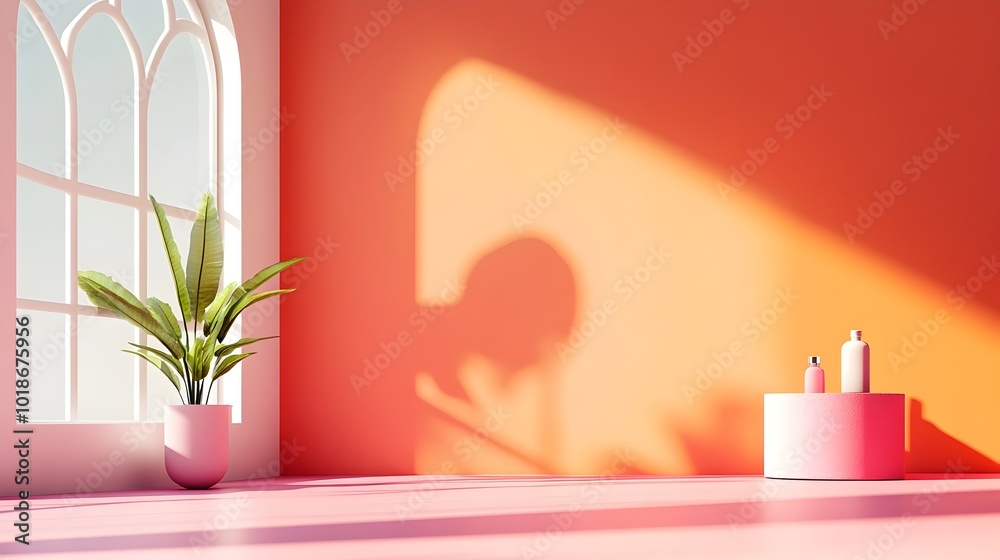 Elegant 3D studio room featuring an amethyst colored background an empty floor and wall with a product podium a shadow overlay from the window to the countertop Elegant 3D studio room featuring an amethyst colored background an empty floor and wall with a product podium a shadow overlay from the window to the countertop