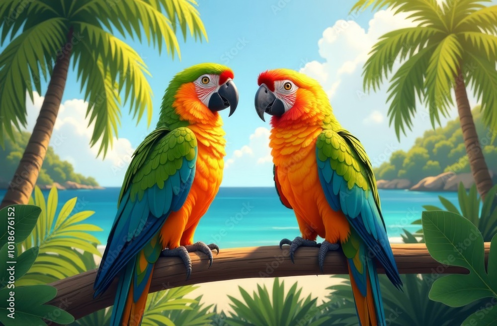 Two colored parrots in the jungle on a branch, looking at each other against the background of the sea.