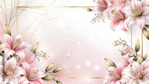 Elegant floral frame with pink lilies and gold accents on soft pastel background