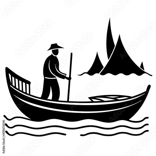 A boat and a Sailor on the river silhouette vector illustration