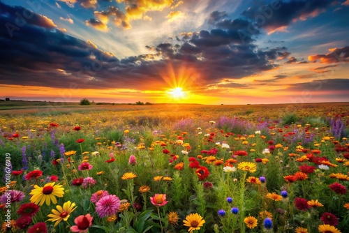 Beautiful sunset over colorful wildflowers in a field