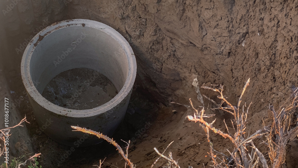 A newly constructed concrete well cylinder sits partially submerged in an earthen pit, highlighting water conservation efforts and rural infrastructure development A newly constructed concrete well cylinder sits partially submerged in an earthen pit, highlighting water conservation efforts and rural infrastructure development