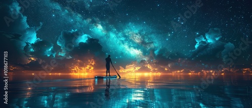 A paddleboarder with glowing lights on their SUP board, paddling through dark, calm waters under a starry sky. The moonlight reflects on the water.  photo