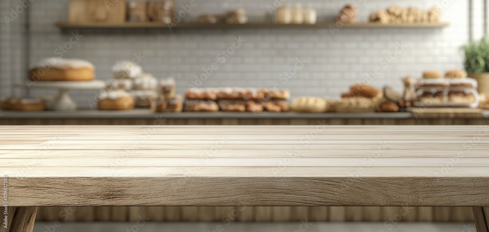 Empty wooden tabletop in bakery in kitchen. Countertop with view of baked goods on blur bread and cookie background. Cafe interior for food products presentation. Empty wooden tabletop in bakery in kitchen. Countertop with view of baked goods on blur bread and cookie background. Cafe interior for food products presentation.