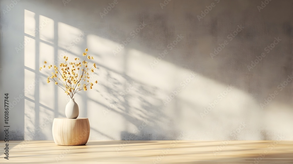 Serene 3D studio scene featuring a minimalist grey interior with smooth concrete walls empty hardwood floors and a dramatic shadow cast from an overhead window onto a product display pedestal Serene 3D studio scene featuring a minimalist grey interior with smooth concrete walls empty hardwood floors and a dramatic shadow cast from an overhead window onto a product display pedestal