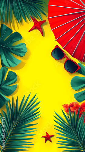 Vertical summer-themed banner with top-down view of tropical palm leaves, red umbrella and sunglasses, greenery framing on yellow background. Ideal for summer relaxation and fun, vacation and holiday