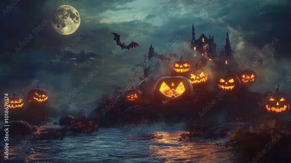 Halloween on island background for advertising Holiday Pumpkin ghost ...