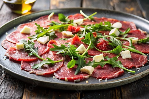 Beef Carpaccio with Arugula and Parmesan on a plate