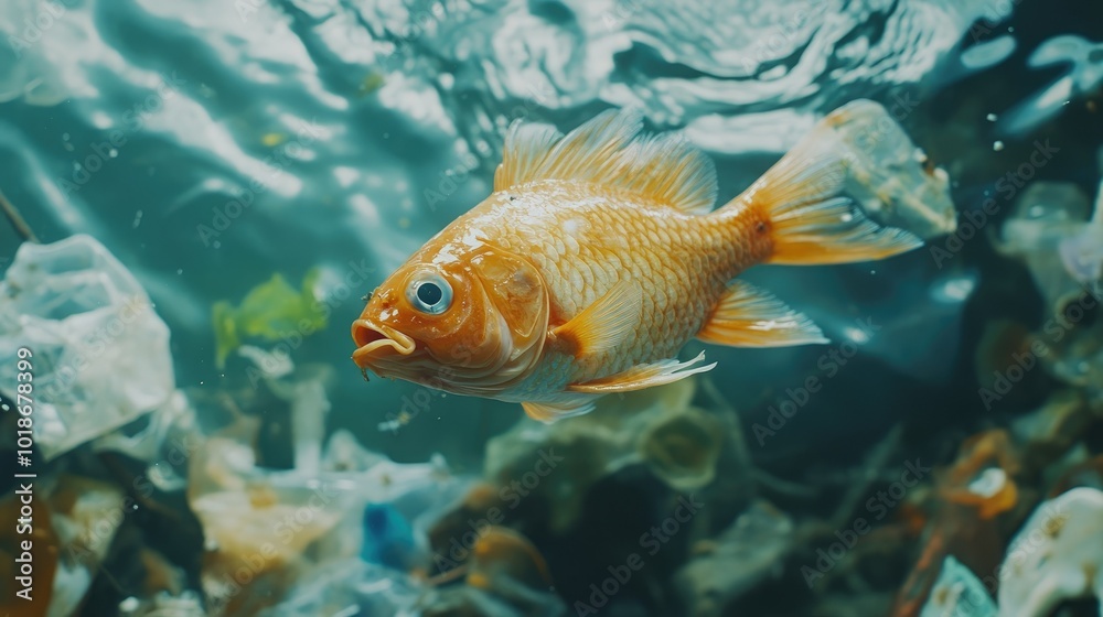 Naklejka premium A shot of a fish swimming in polluted water with an oily surface, surrounded by plastic debris and toxins, symbolizing marine life in danger.