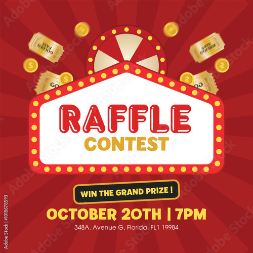 Internet Red Raffle Roulette Fortune Banner Vector. Shiny Raffle Casino Spinning Wheel For Game And Win Jackpot Online Lottery Marketing Concept. Realistic Style Colorful Social Media post grand prize