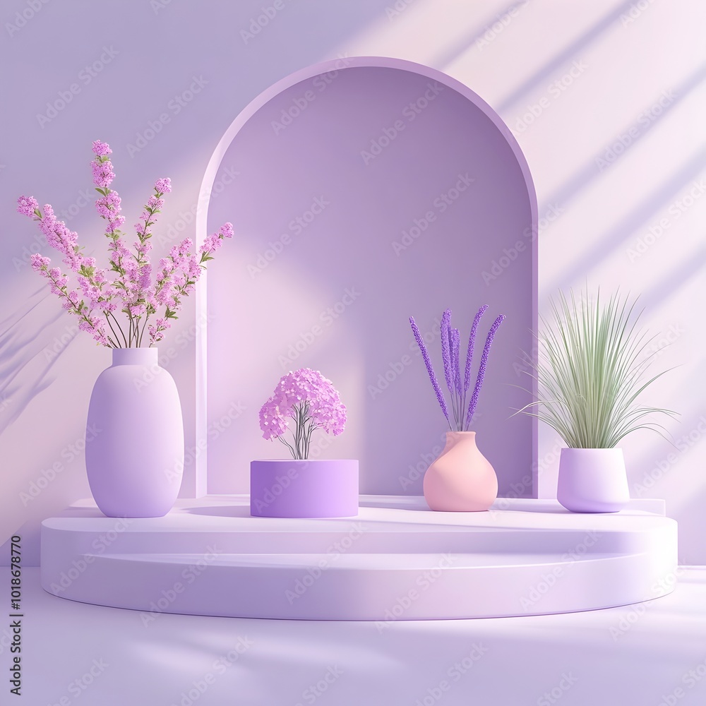 Pastel Lavender Studio Space with Airy Clean Architectural Composition and Product Display Podium in Sunlit Environment with Soft Window Lighting Creating Shadow Overlay Detailed 3D Digital Pastel Lavender Studio Space with Airy Clean Architectural Composition and Product Display Podium in Sunlit Environment with Soft Window Lighting Creating Shadow Overlay Detailed 3D Digital