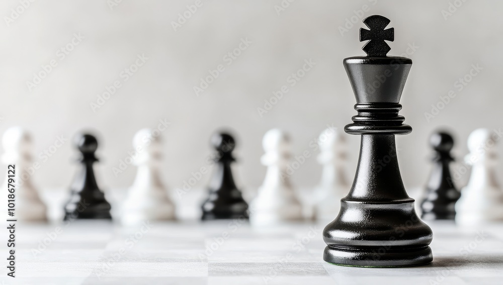 A strategic standoff featuring a black king poised before a line of black and white pawns on a checkered chessboard A strategic standoff featuring a black king poised before a line of black and white pawns on a checkered chessboard