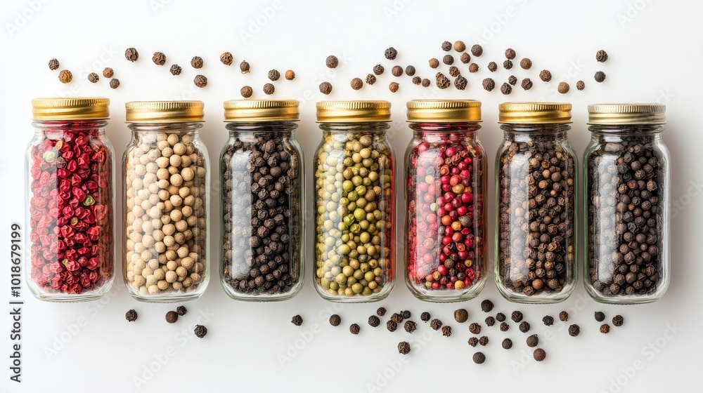 Variety of Pepper Spices in Glass Jars on White Background Variety of Pepper Spices in Glass Jars on White Background