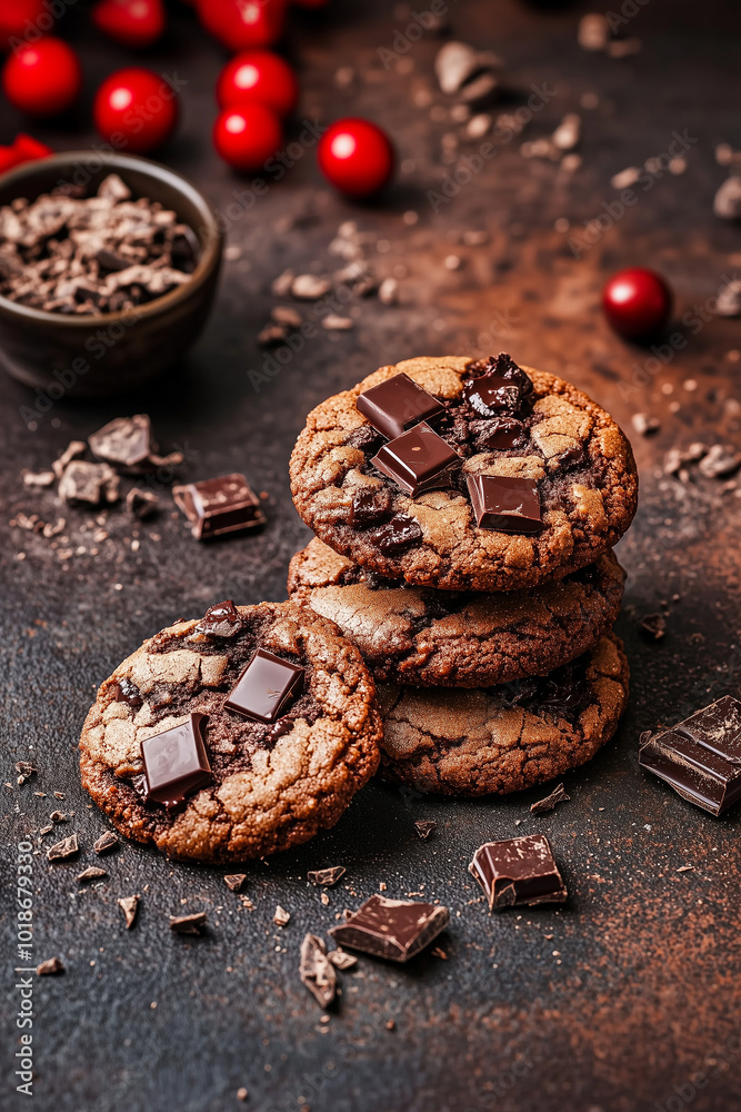 A stack of chocolate chip cookies with chocolate chips on top A stack of chocolate chip cookies with chocolate chips on top