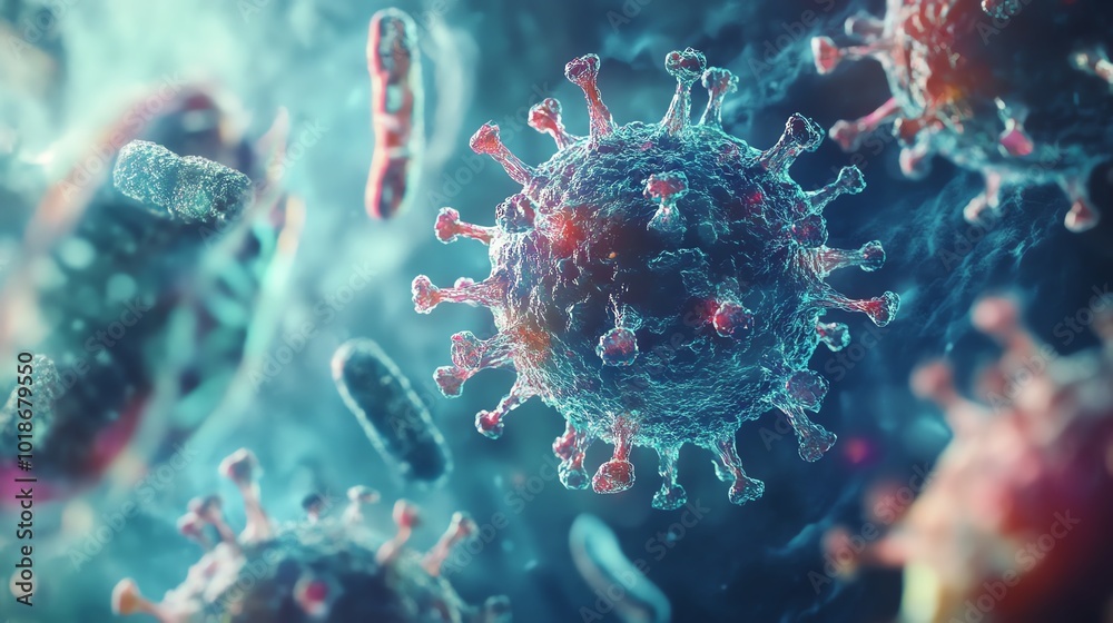 Fototapeta premium Virus microscopy, detailed view in blue