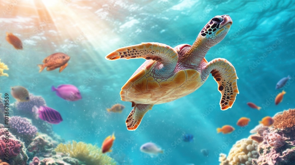 Fototapeta premium Graceful Sea Turtle Gliding Through Vibrant Ocean