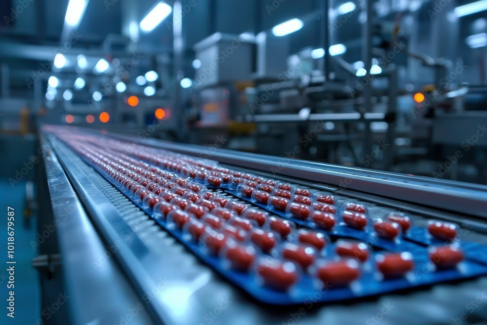 Red Capsules Moving Along a Conveyor Belt in a Pharmaceutical Factory Red Capsules Moving Along a Conveyor Belt in a Pharmaceutical Factory