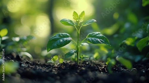 A single green sprout emerges from the dark soil, bathed in warm sunlight, surrounded by other seedlings.