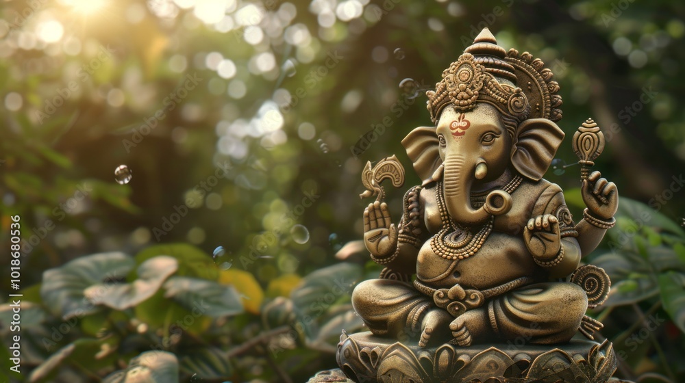 A gold statue of ganesh sitting on a leafy green background A gold statue of ganesh sitting on a leafy green background