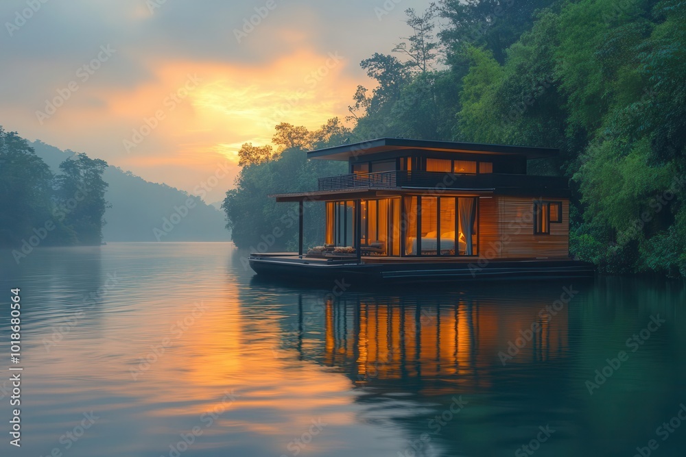 luxury houseboat anchored in a tranquil cove surrounded by dense greenery reflecting on calm waters under a soft sunset exuding serenity and elegance luxury houseboat anchored in a tranquil cove surrounded by dense greenery reflecting on calm waters under a soft sunset exuding serenity and elegance