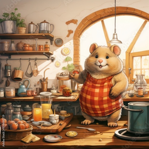 Chubby Hamster Wearing Apron Cooking In Kitchen Making Breakfast And Coffee photo