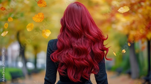 Vibrant Red Hair Woman Embracing Autumn Leaves in a Park Setting Amidst Fall Colors photo