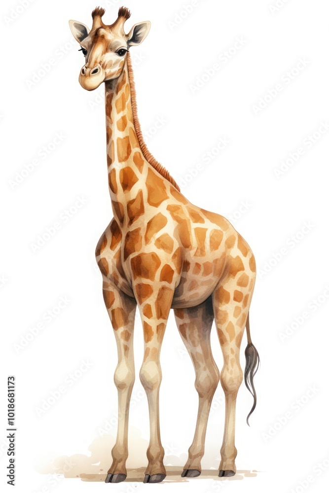 Fototapeta premium Full body illustration of a tall giraffe standing on a white background.