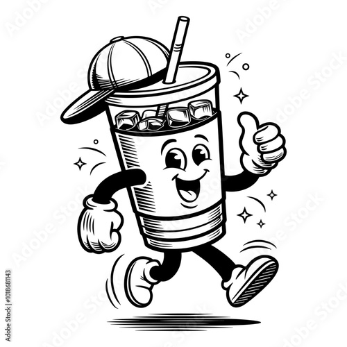 Cheerful cup character with a cap and ice, giving a thumbs up, vector whimsical illustration