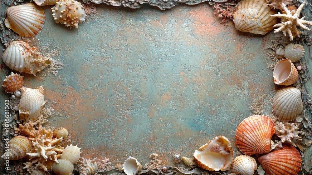 Fototapeta premium Seashells and Starfish Bordering a Teal and Orange Textured Surface