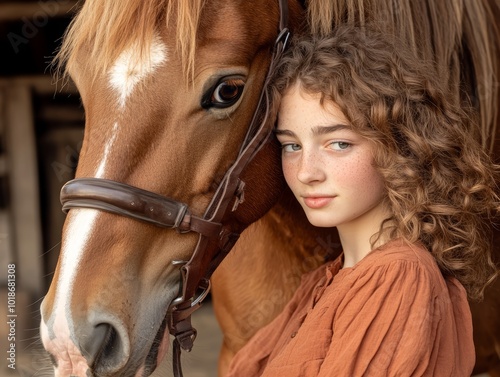 Young girl with curly hair embraces a brown horse in a serene barn setting.