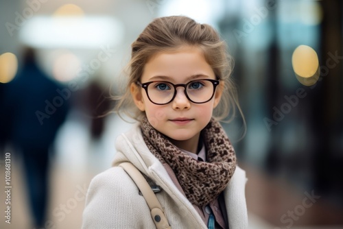 Portrait of cute little girl with eyeglasses in shopping mall