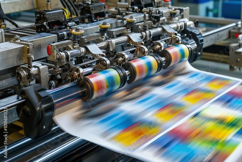 Printing Press with Ink Rollers and Paper Sheet Moving Through photo