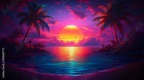 Vibrant Sunset over Tropical Beach with Palm Trees and a  Reflective Sea