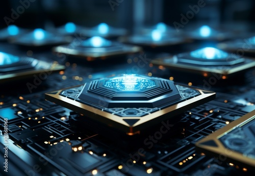 Advanced computer processors glowing in a dark environment