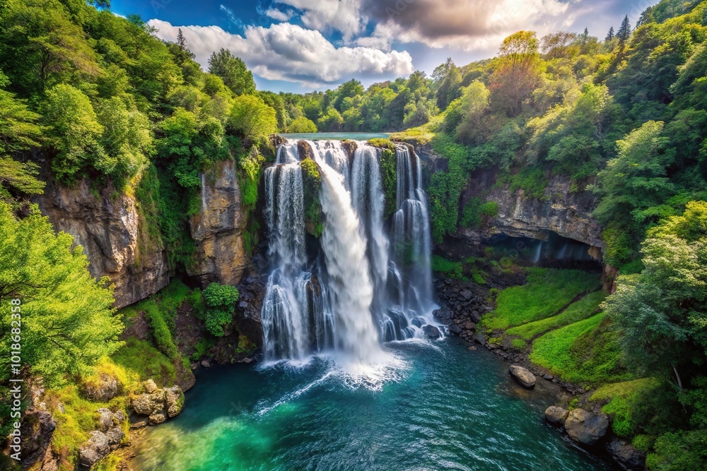 Birds eye view of a natural waterfall in a serene summer setting Birds eye view of a natural waterfall in a serene summer setting