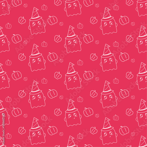 Seamless pattern of cute ghost characters with pumpkins, halloween spooky vector on red background for wrapping papers, wallpapers, packaging, scary autumn party illustration