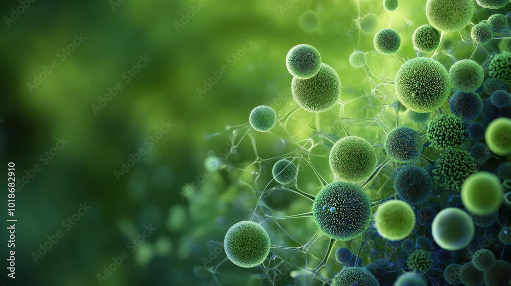 Microscopic algae are depicted in vibrant green environment, showcasing their intricate structures and forms. This highlights beauty and complexity of these microorganisms